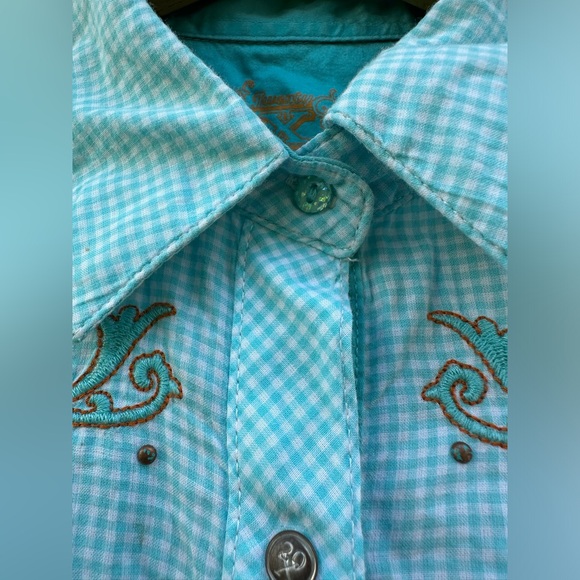 Vintage Western Shirt Cowgirl Southwestern Aqua Orange Country Top Festival - Picture 5 of 17